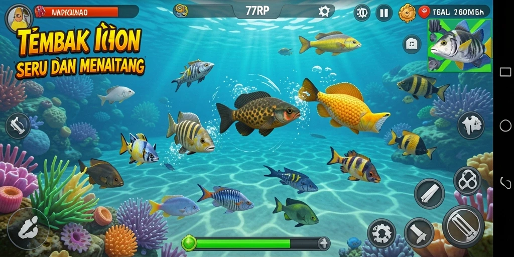 Tampilkan gameplay seru dalam 77RP saat menembak ikan dengan senjata yang bervariasi.