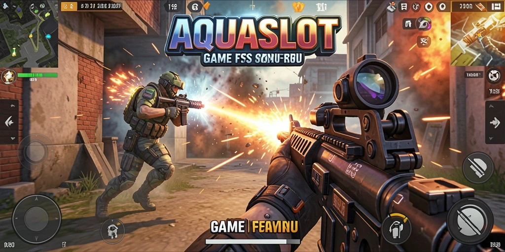 Tampilan gameplay menegangkan dari AQUASLOT dalam aksi FPS.