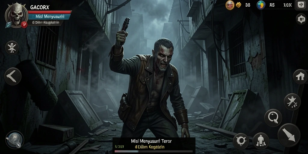 Tangkapan layar utama GACORX menunjukkan gameplay menegangkan di lokasi angker.