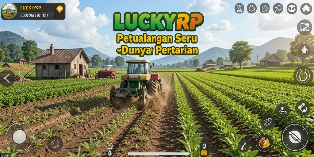 Screenshot utama LUCKYRP menampilkan kebun yang penuh dengan tanaman subur.